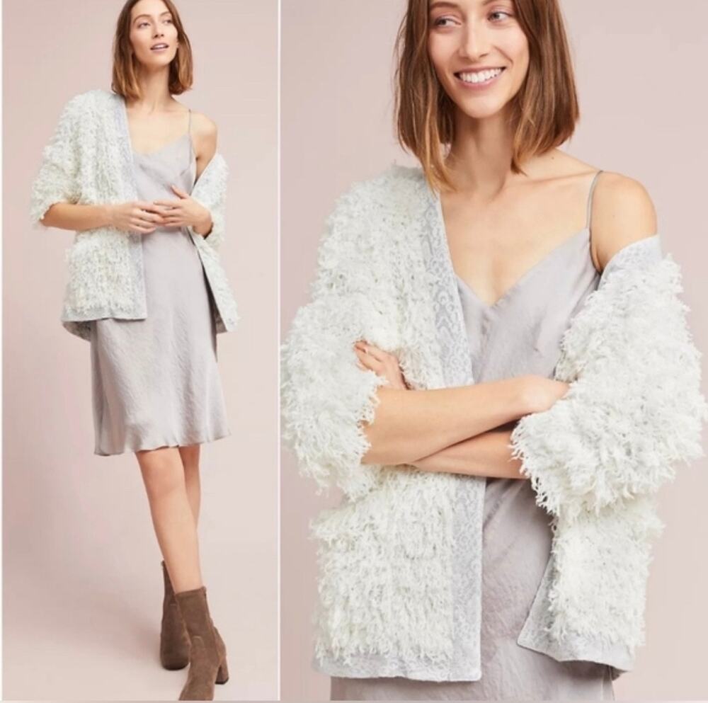Anthropologie Vanessa Virginia Fluffy Fringe White Metallic Cardigan Soft Size S